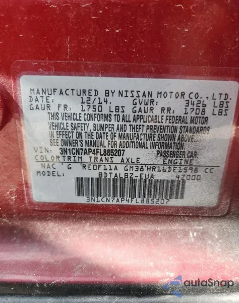 2015 Nissan Versa S z USA, uszkodzony, nr VIN 3N1CN7AP4FL885207